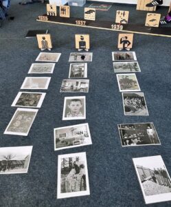 Im Hintergrund ist die so genannte Zeitschiene zu sehen mit den eingestellten Jahreszahlen 1933, 1937 und 1939. Zu den Jahreszahlen sind hölzerne Piktogramme zugeordnet. Zu den Piktogrammen, die Häftlinge und Bewacher symbolisieren, sind historische Fotos sortiert. Dies zeigt, wie mit den Piktogrammen gearbeitet wird. 