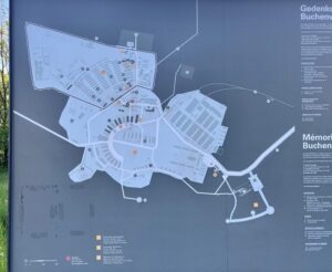 Blick auf den Lageplan der Gedenkstätte Buchenwald, der die Anordnung der erhaltenen Gebäude und der nicht mehr erhaltenen Gebäude übersichtlich darstellt. Der Lageplan ist auf dem Außengelände der Gedenkstätte auf einer Tafel zu finden. 
